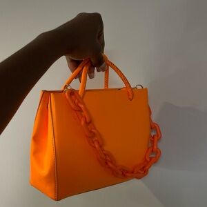 Double Handle Orange Handbag with Chain Strap